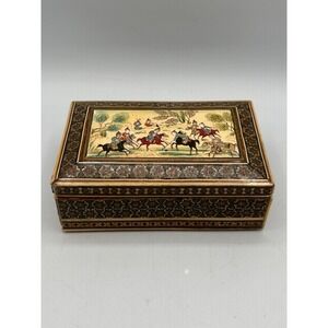 Vtg Persian Lacquered Wooden Inlaid Khatam‎ Marquetry Hunting Scene Trinket Box
